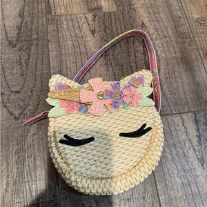 Unbranded Girls' Straw Unicorn Crossbody Bag in Natural with Pink Accents